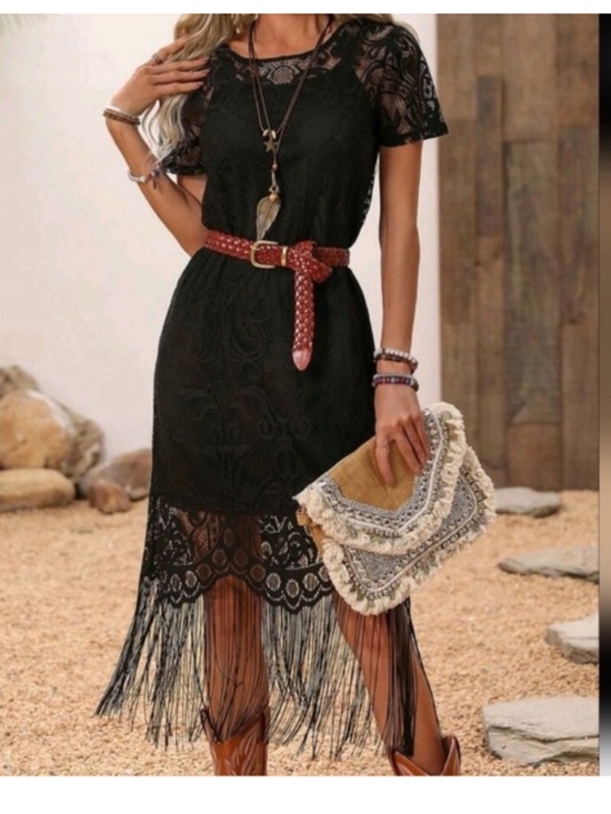 Dresses & Skirts - Lace Long Fringe Black Dress Western Women Attire/Country Dress,Summer